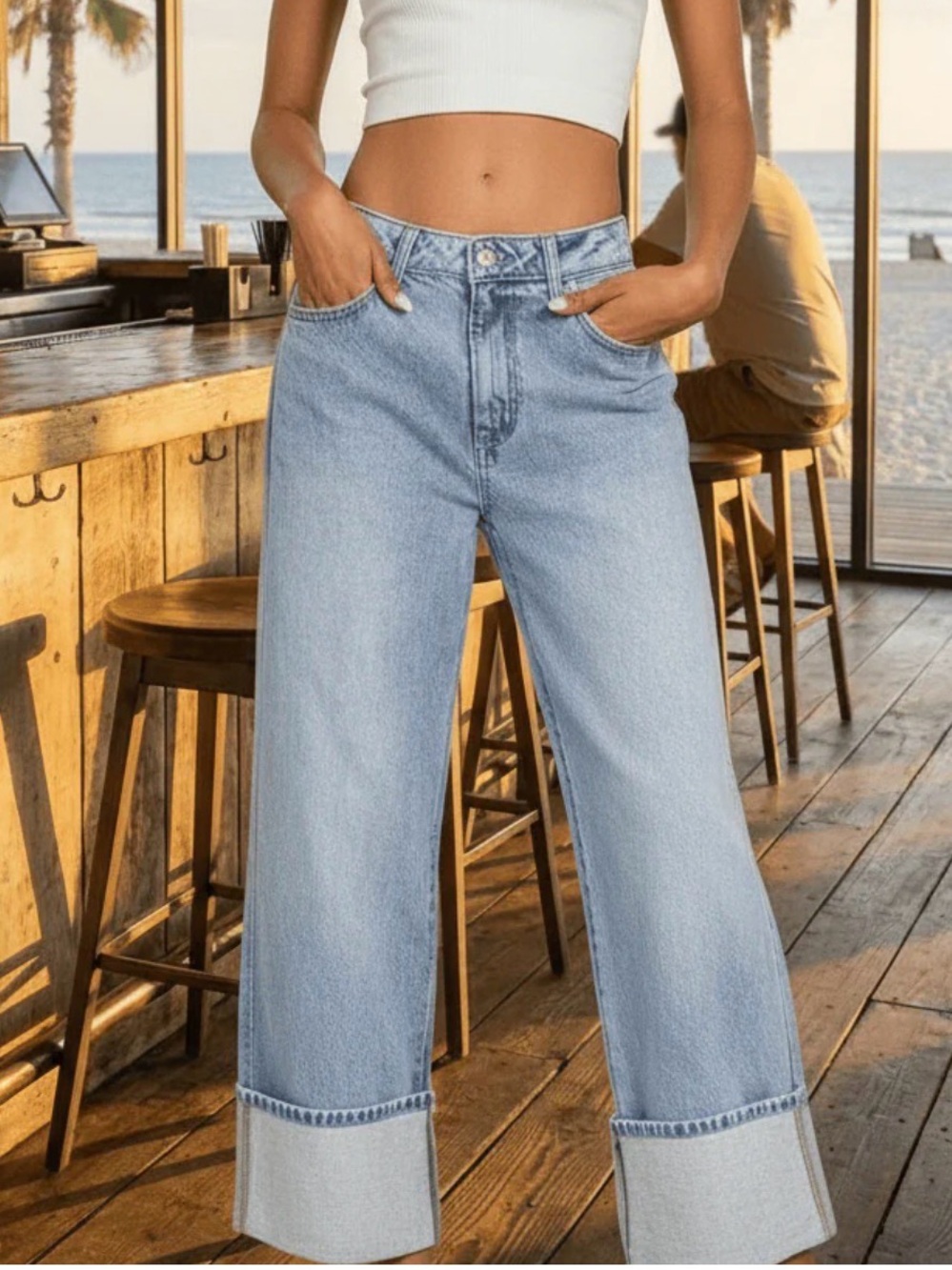 Zenana High Rise Cuffed Hem Wide Leg Relaxed Denim Jeans NWT
